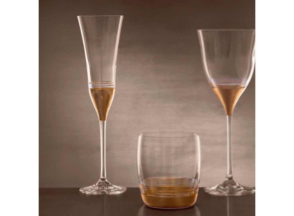 12 pahare de flaut de cristal cu bronz de aur de lux sau frunze de platină - Soffio Viadurini
