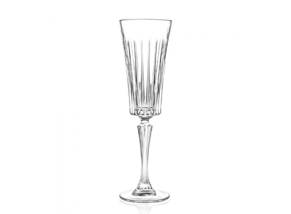 12 pahare cu flaut pentru vin spumant cu tăieturi liniare Decor în Eco Crystal - Senzatempo Viadurini
