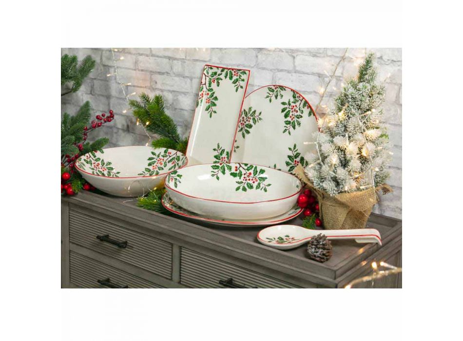 2 boluri pentru salate cu decorațiuni de Crăciun în farfurii de porțelan - mătură de măcelar