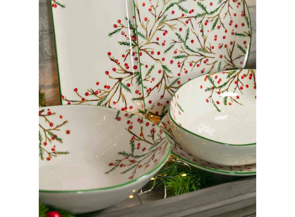 2 boluri pentru salate cu decorațiuni de Crăciun în farfurii de porțelan - mătură de măcelar