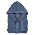 Halat de baie din fagure din bumbac cu glugă și volan de in - Plusos Viadurini