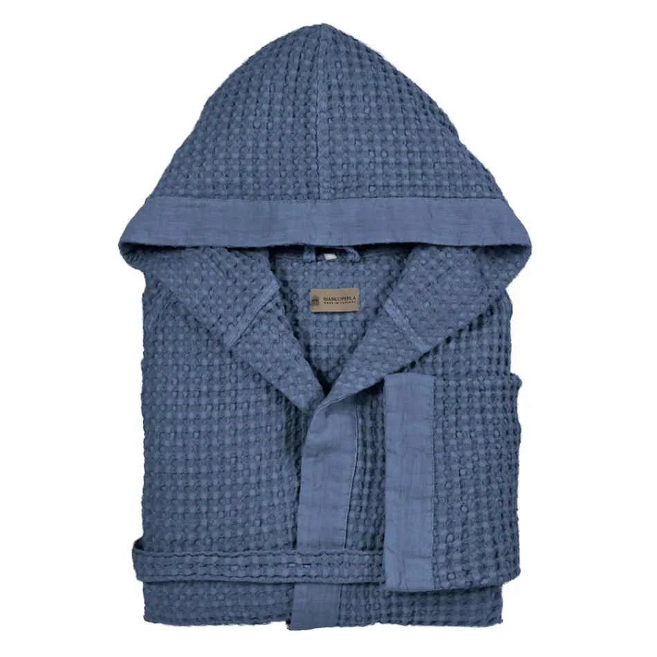 Halat de baie din fagure din bumbac cu glugă și volan de in - Plusos Viadurini