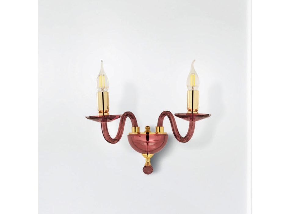 Aplică clasică de perete cu 2 lumini din sticlă italiană realizată manual și metal auriu - Oliver Viadurini