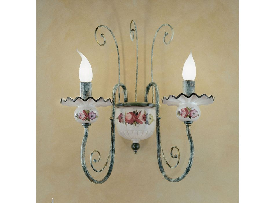 Aplică cu 2 lumini din ceramică decorată manual și alamă antică - Sanremo Viadurini