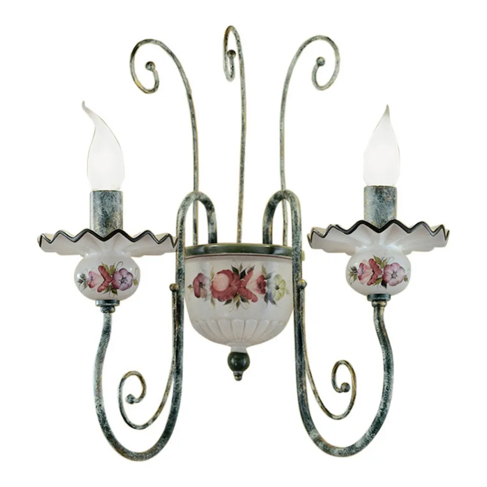 Aplică cu 2 lumini din ceramică decorată manual și alamă antică - Sanremo Viadurini