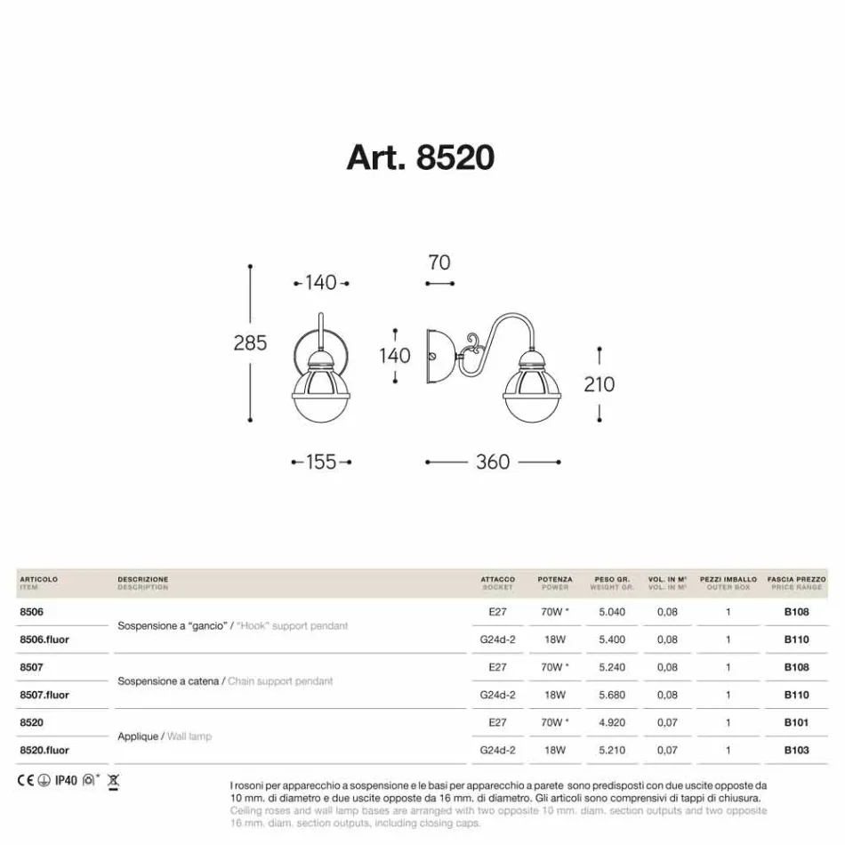 tivi de perete alamă antic și sticlă suflată alb Viadurini