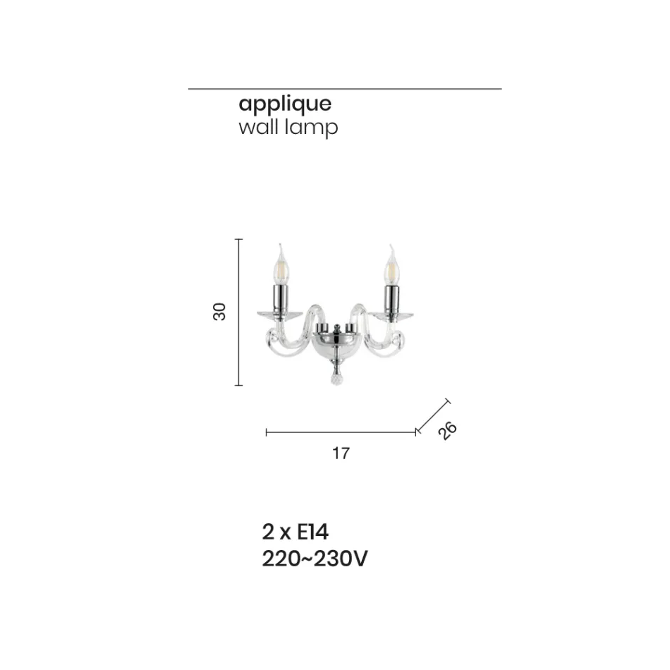 Aplică clasică de perete 2 lumini din sticlă albă realizată manual în Italia - Malaezia Viadurini