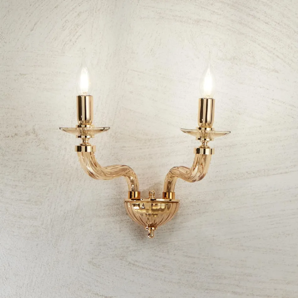 Aplica de Perete Clasica 2 Lumini din Sticla Rigaton lucrata manual si Metal - Fievole Viadurini