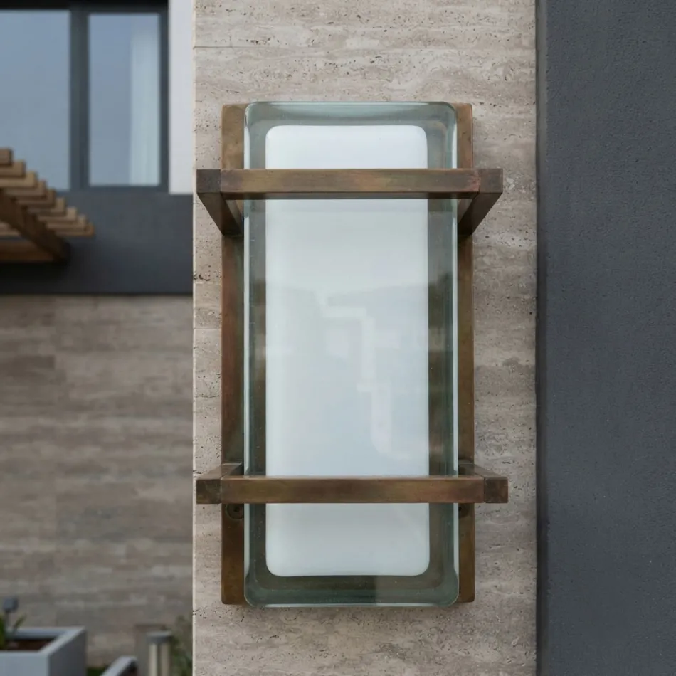 Aplică de perete pentru exterior din alamă, E27, stil geometric, fabricată în Italia - cristal Viadurini
