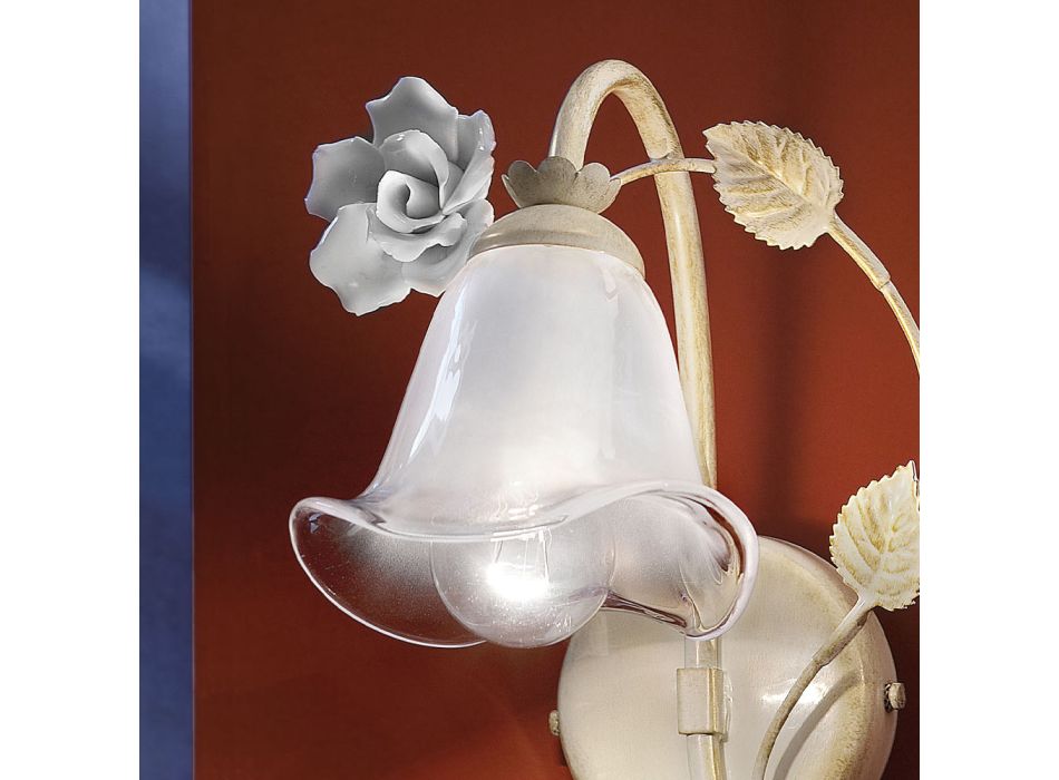 Aplic din Fier și Sticlă Sablata cu Trandafir din Ceramica Decor - Siena Viadurini