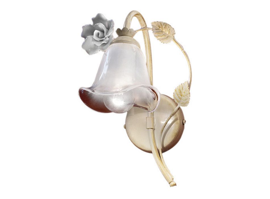 Aplic din Fier și Sticlă Sablata cu Trandafir din Ceramica Decor - Siena
