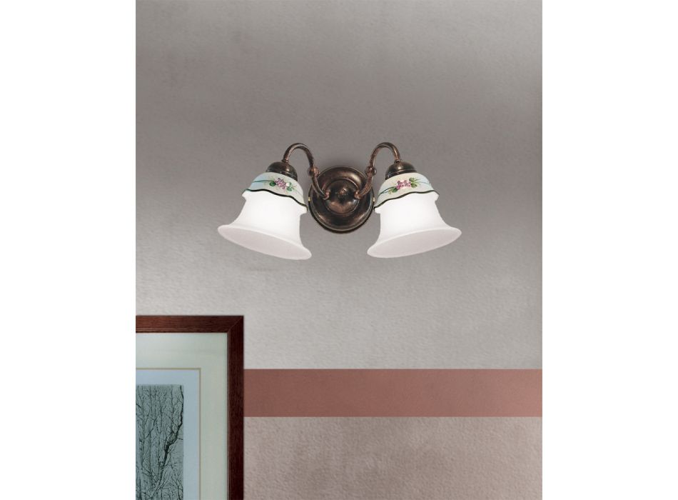 Aplică de perete vintage din fier, sticlă și ceramică Decor pictat manual - Ferrara
