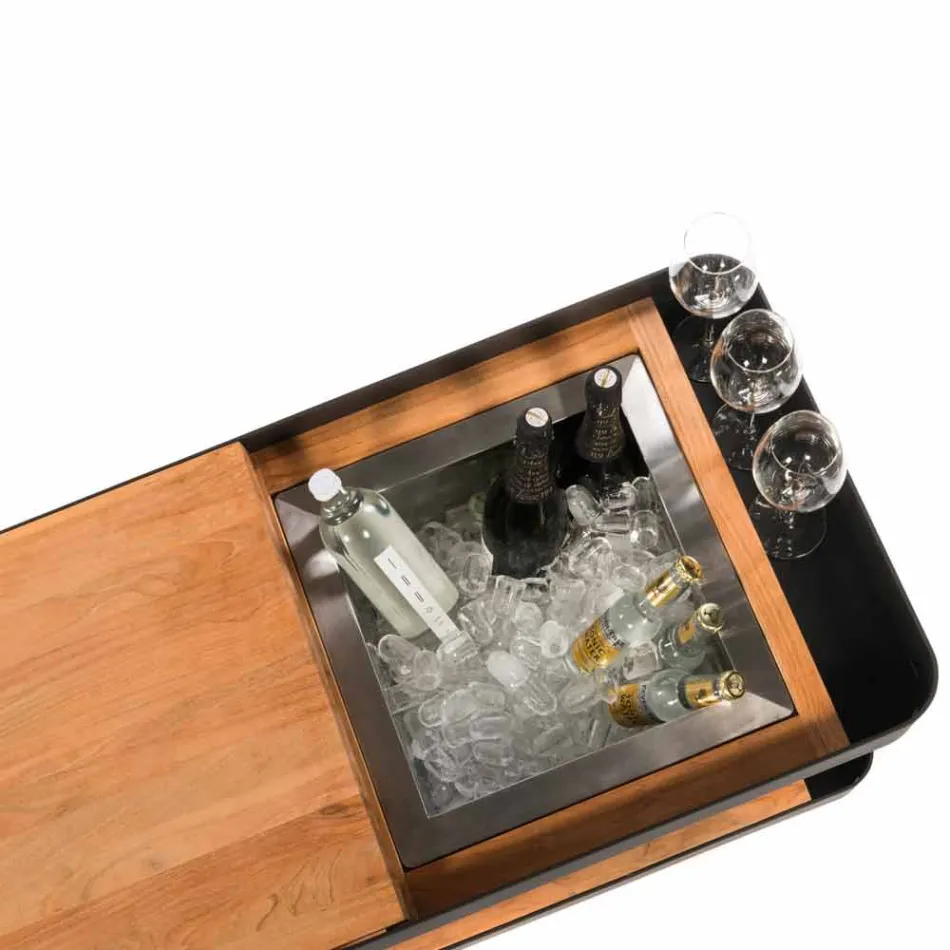 Modern Bar mobil pe roți Design cu masă din lemn și oțel - Giancalliope Viadurini