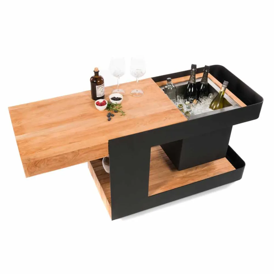 Modern Bar mobil pe roți Design cu masă din lemn și oțel - Giancalliope Viadurini