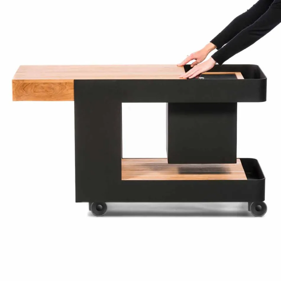 Modern Bar mobil pe roți Design cu masă din lemn și oțel - Giancalliope Viadurini