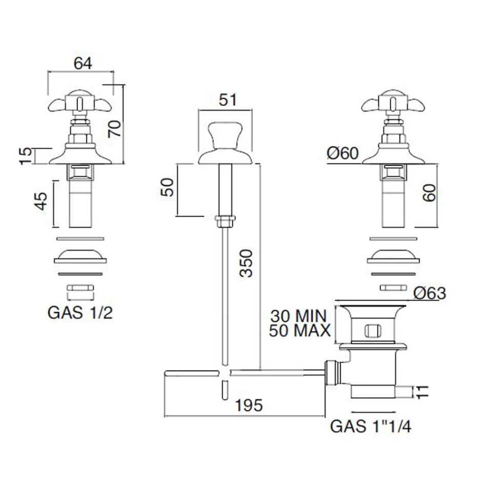Baterie pentru bideu cu 3 găuri cu livrare internă din alamă și mânere tip fluture - Miriano Viadurini