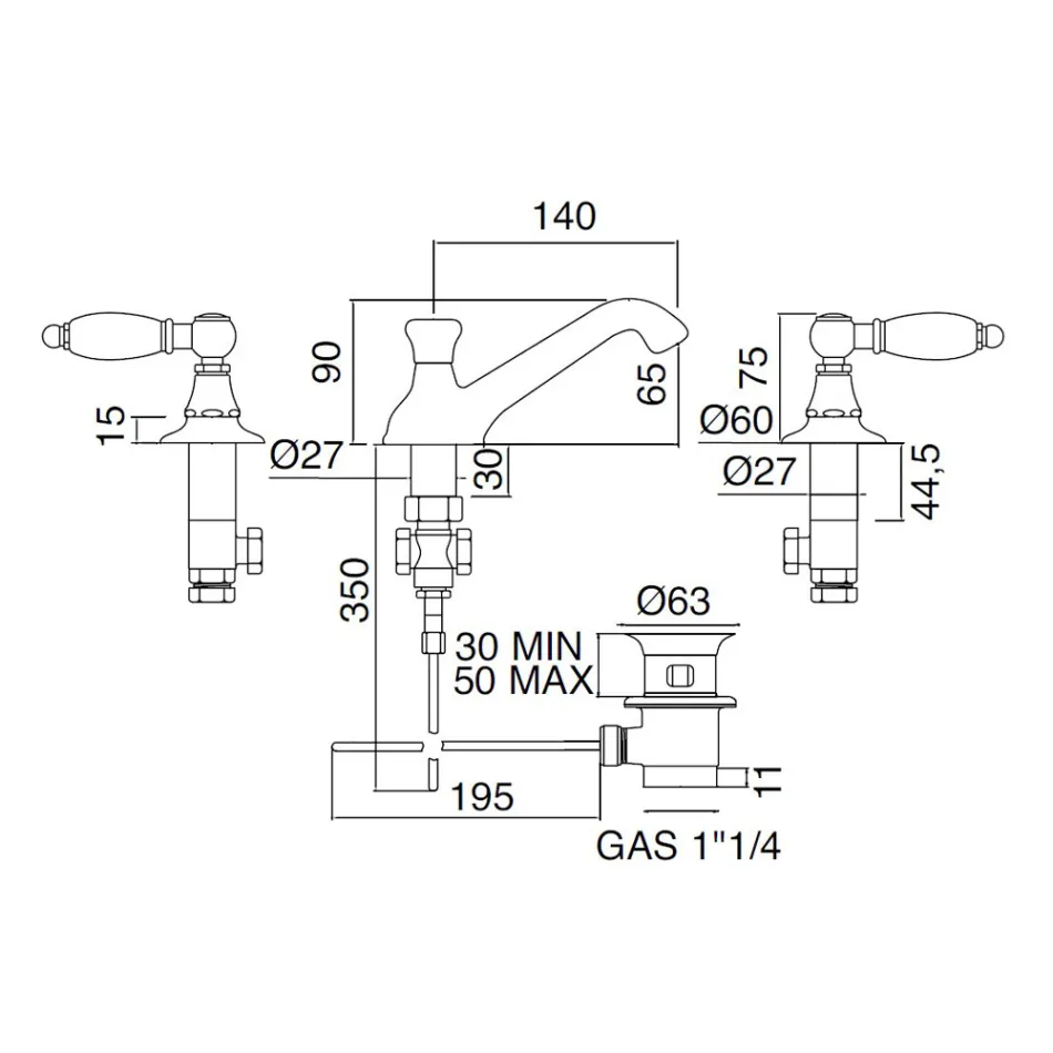 Baterie pentru chiuvetă cu 3 găuri cu pârghii în stil clasic din alamă lucrată manual - Noriana Viadurini
