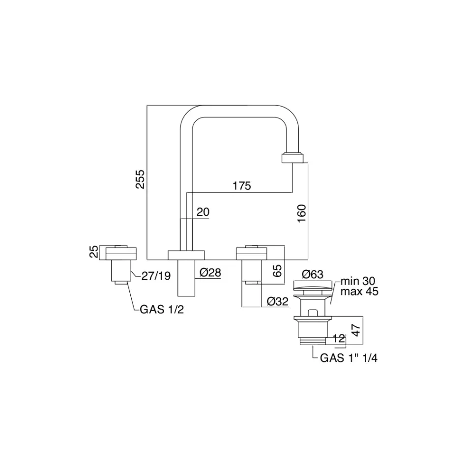 Baterie modernă pentru chiuvetă cu 3 găuri cu gunoi Made in Italy - Quito Viadurini