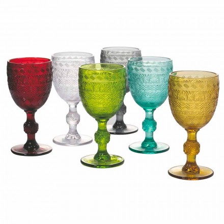 Pahare de pahar cu apă sau vin în sticlă colorată și decorațiuni în relief - popular Viadurini