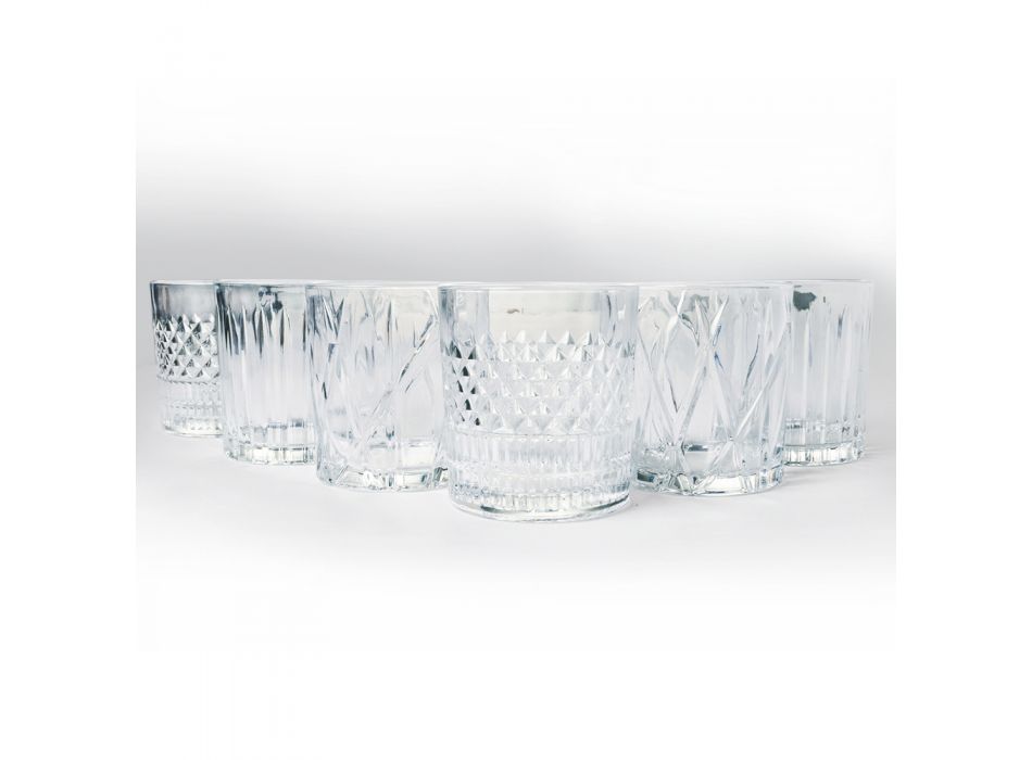 Pahare de apă în sticlă transparentă și decor vintage 12 bucăți - Manatta Viadurini