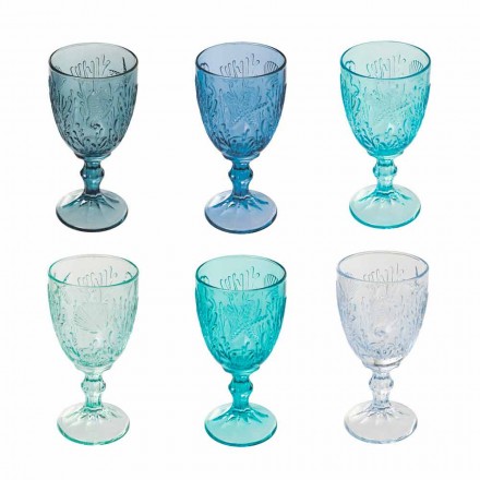 Pahare Vin sau apă Sticlă colorată Decor marin 12 bucăți - Mazara Viadurini