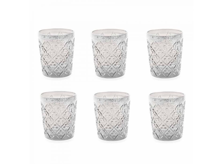 Pahare de sticlă transparentă cu decorațiuni, 12 bucăți de apă - Maroc Viadurini