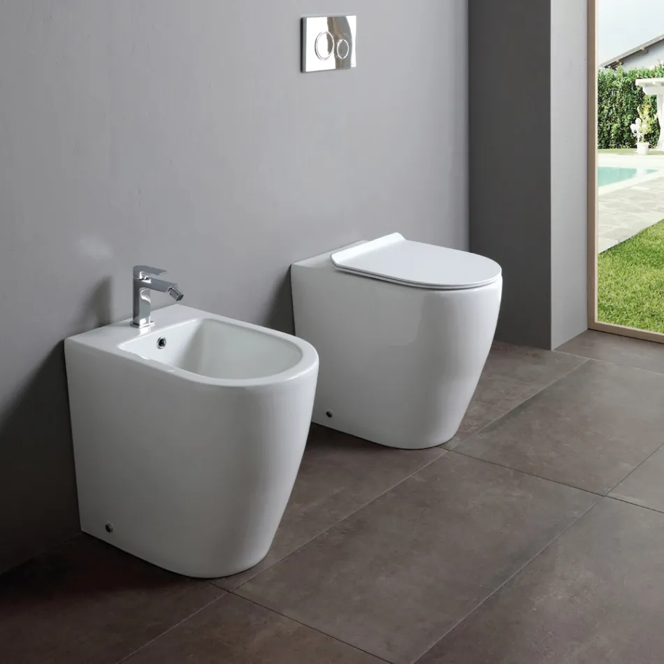 Bideu cu o singură gaură, montat pe podea, cu tehnologie fără ramă, din ceramică albă - Oleandro  Viadurini