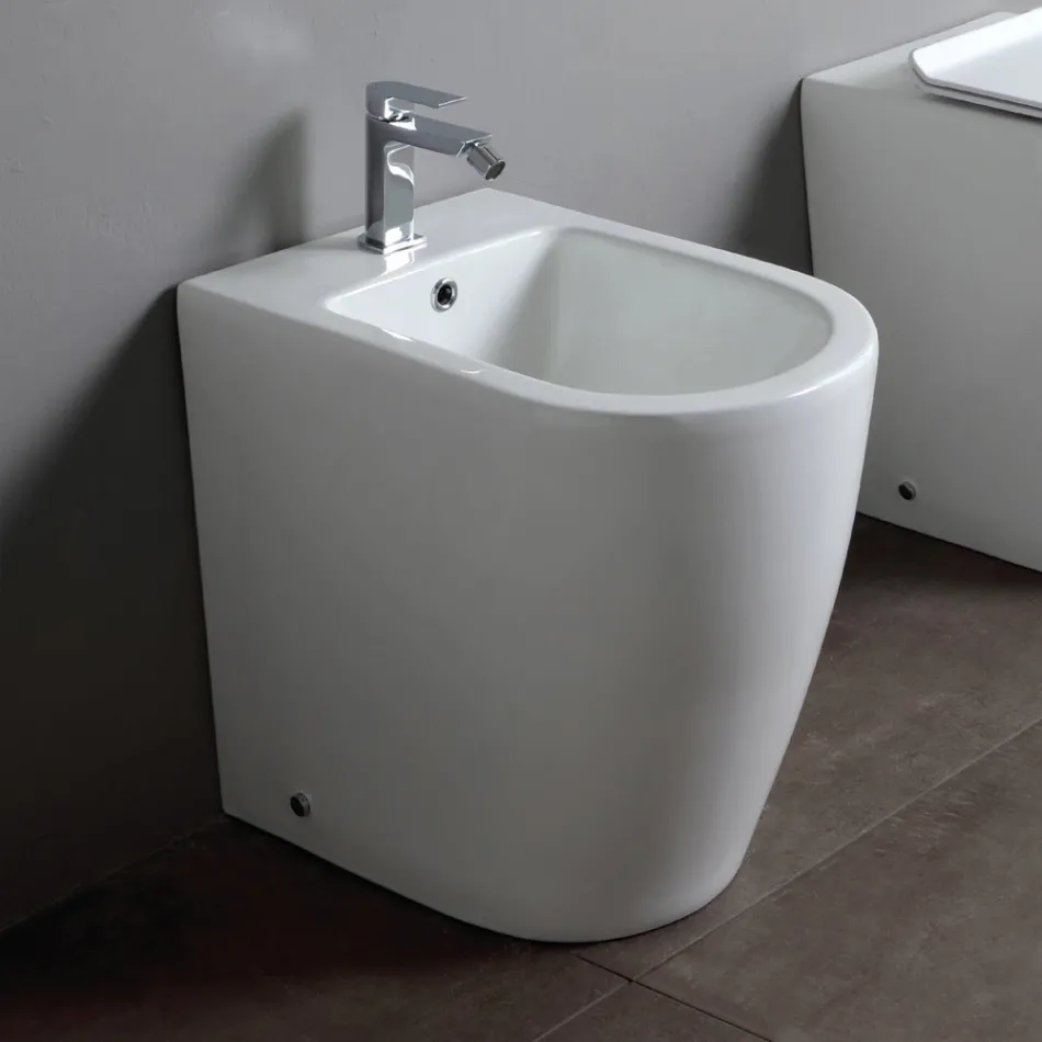 Bideu cu o singură gaură, montat pe podea, cu tehnologie fără ramă, din ceramică albă - Oleandro  Viadurini