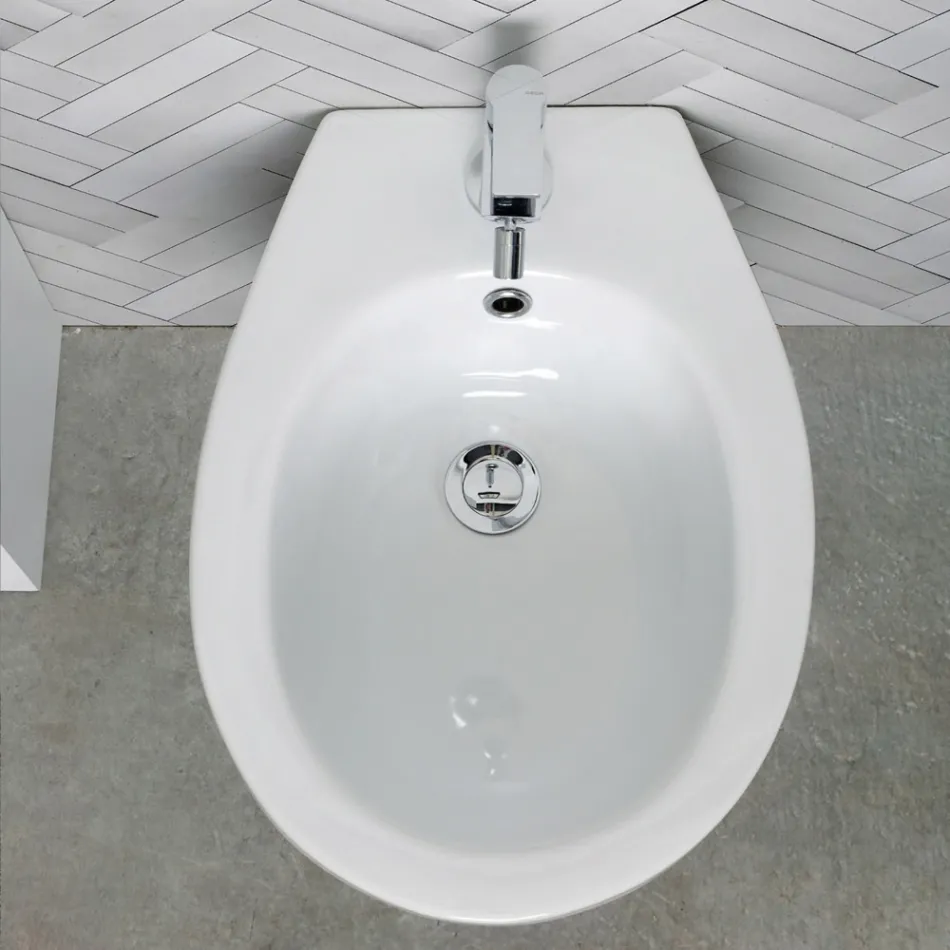 Bideu cu o singură gaură, montat pe podea, din ceramică albă, cu un design modern și elegant - Silica Viadurini