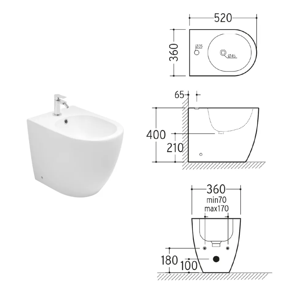 Bideu Aster cu o singură gaură, montat pe podea, din ceramică albă durabilă, cu design modern Viadurini