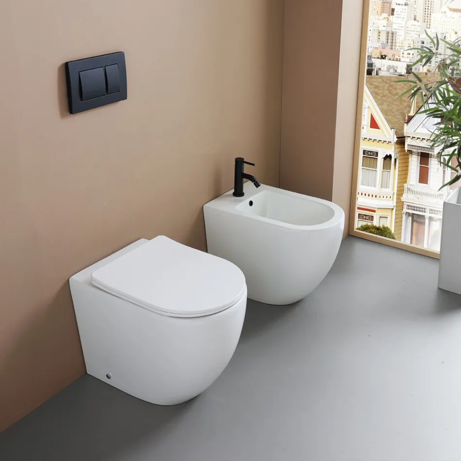Bideu cu o singură gaură, montat pe podea, din ceramică albă durabilă, cu un design modern - Olmo Viadurini