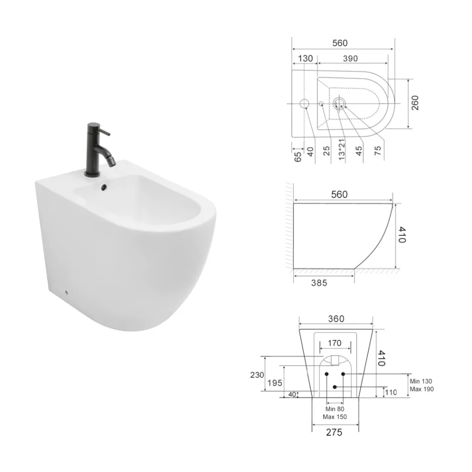 Bideu cu o singură gaură, montat pe podea, din ceramică albă durabilă, cu un design modern - Olmo Viadurini