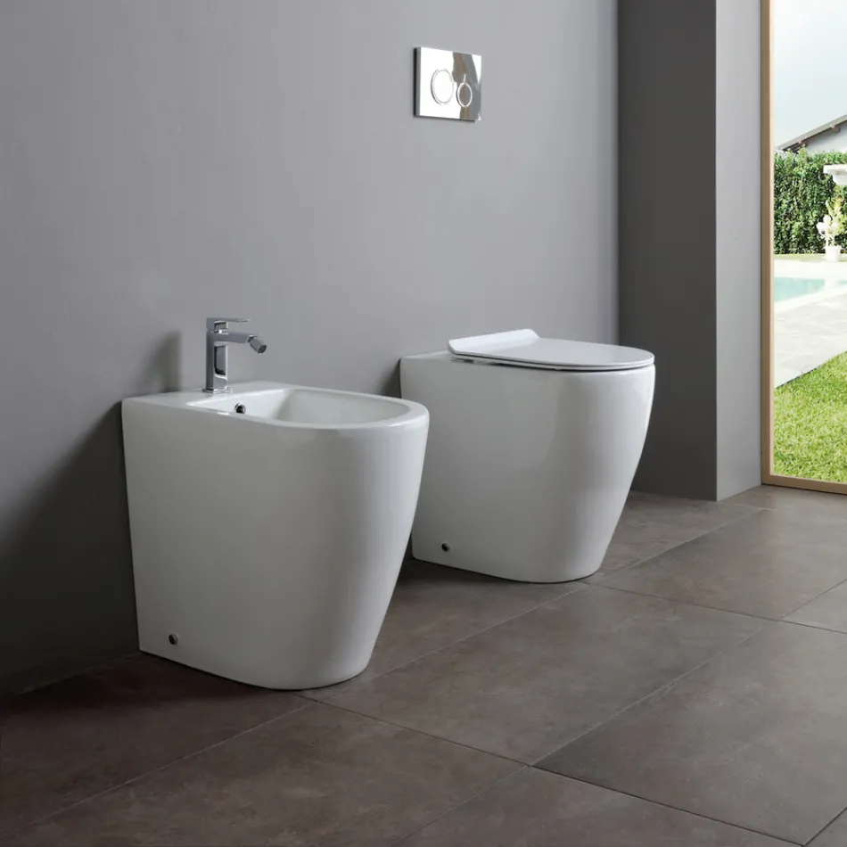 Bideu cu o singură gaură și scurgere deplasată din ceramică, cu design modern - Oleandro  Viadurini
