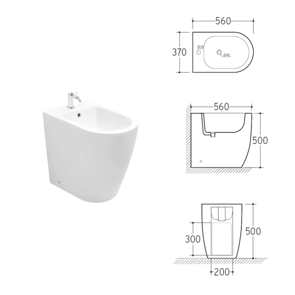 Bideu cu o singură gaură și scurgere deplasată din ceramică, cu design modern - Oleandro  Viadurini