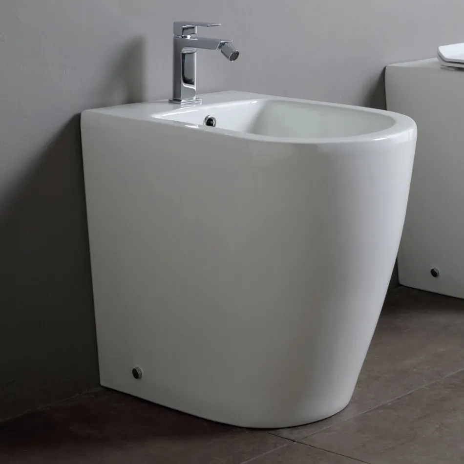 Bideu cu o singură gaură și scurgere deplasată din ceramică, cu design modern - Oleandro  Viadurini