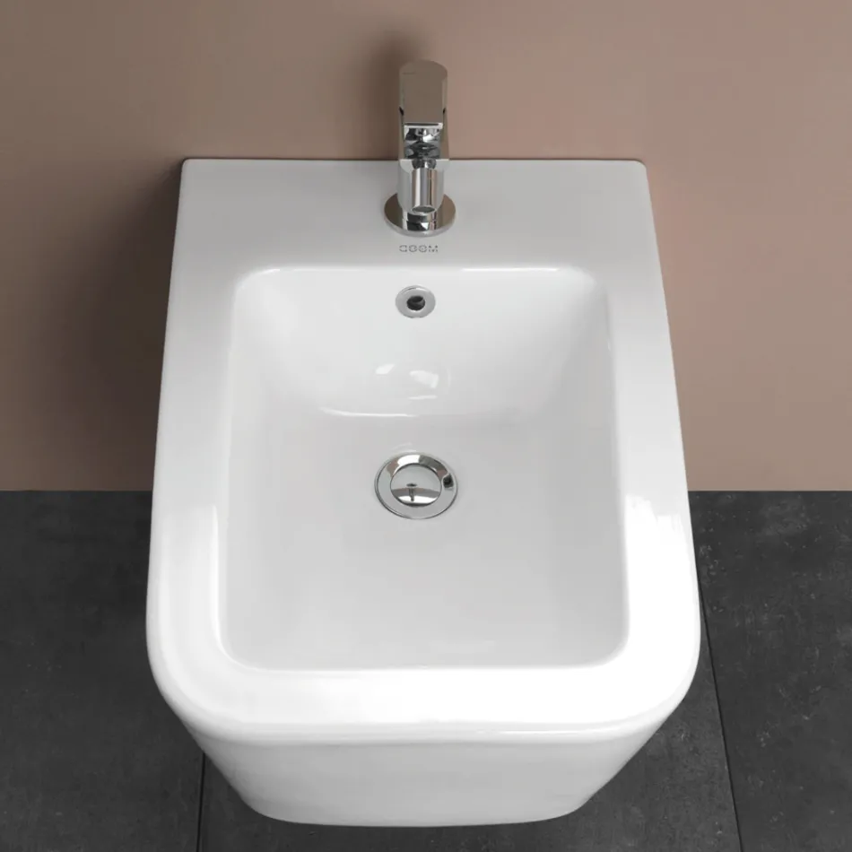 Bideu suspendat cu o singură gaură din ceramică albă, cu un design modern și elegant - Giunco Viadurini