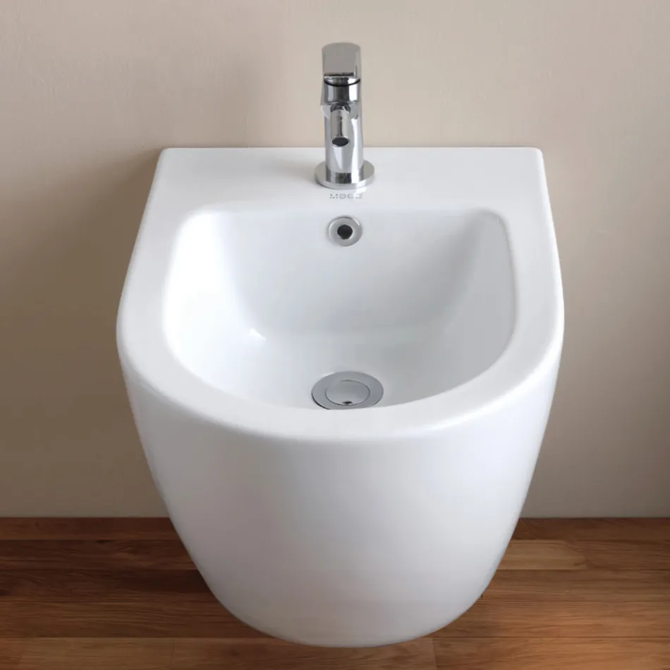 Bideu suspendat cu o singură gaură din ceramică albă, cu design modern - Ginepro Viadurini