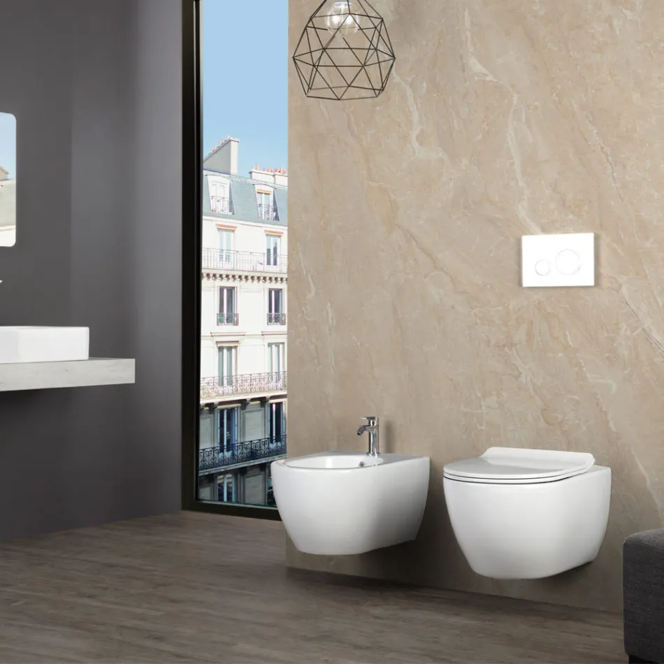 Aster - Bideu suspendat din ceramică albă durabilă, cu design modern Viadurini