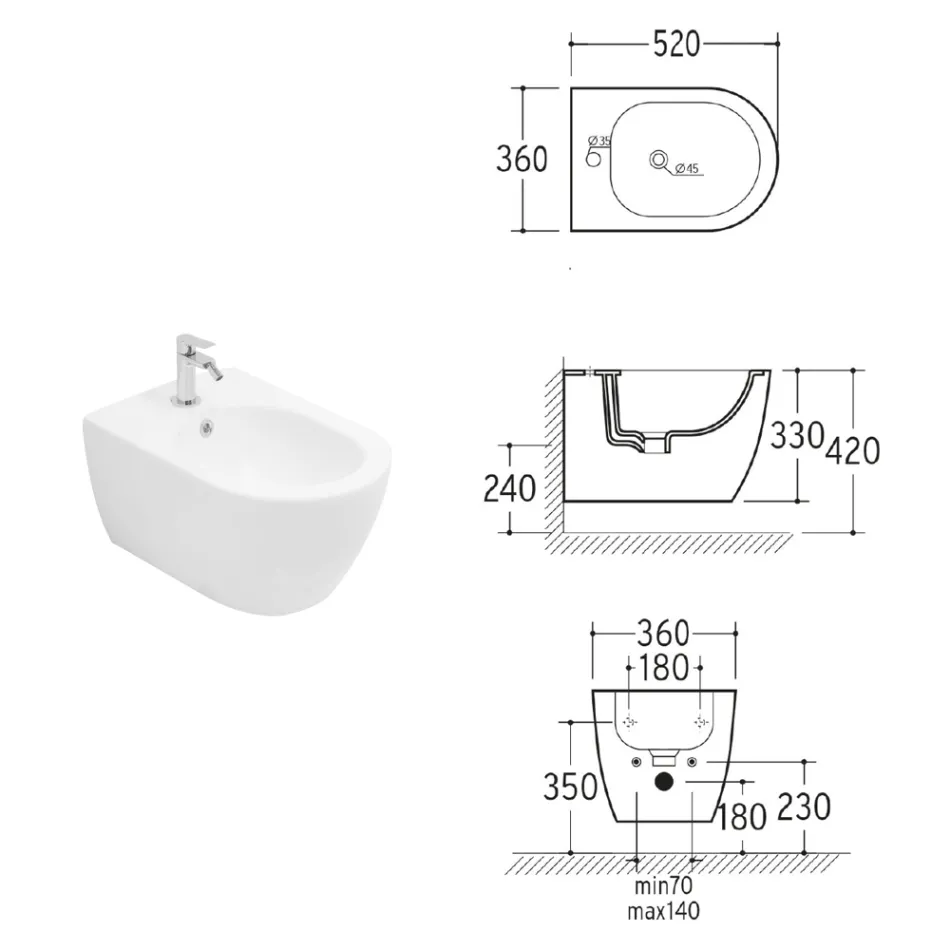 Aster - Bideu suspendat din ceramică albă durabilă, cu design modern Viadurini