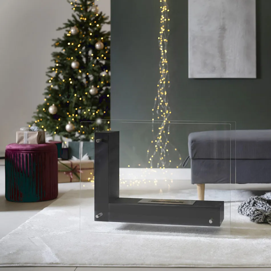 Biosemineu de pardoseala cu structura cu doua fete din sticla si metal negru - Squillo Viadurini