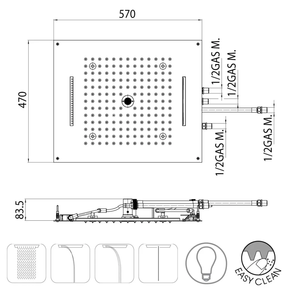 Cap de duș Bossini Dream modern cu finisaj cromat cu lumini LED și patru funcții Viadurini