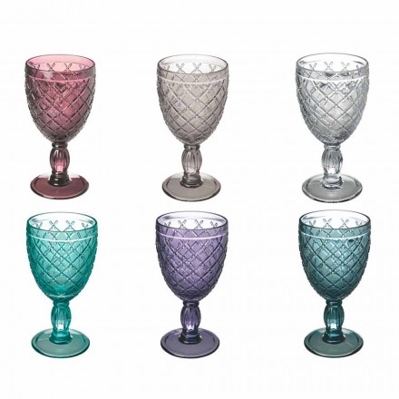 Pahar de vin sau apă în sticlă colorată sau transparentă cu decorațiuni, 12 bucăți - Rocca Viadurini