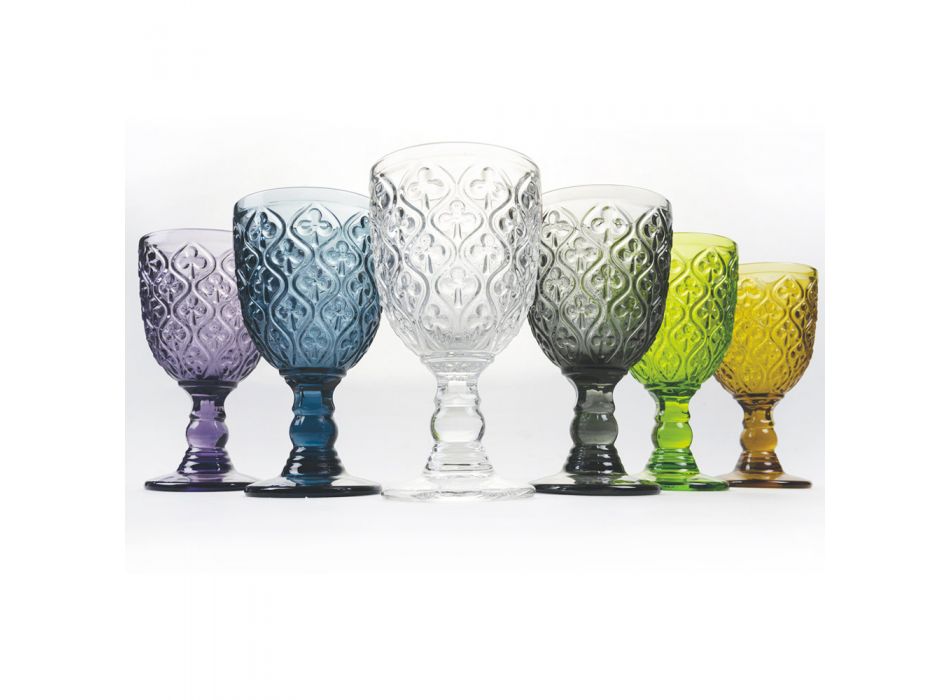 Pahare de vin sau apă în sticlă colorată și decor arabesc 12 bucăți - Maroc Viadurini