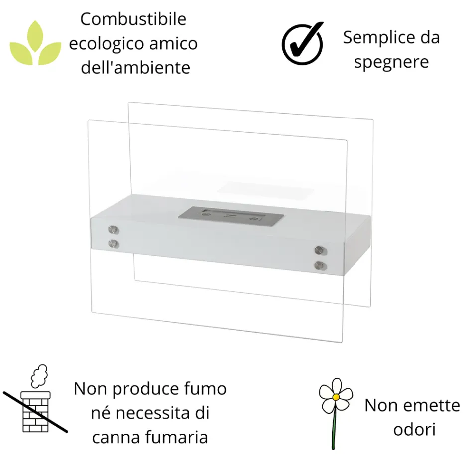 Semineu de podea cu bioetanol din metal alb si sticla securizata - Timon Viadurini