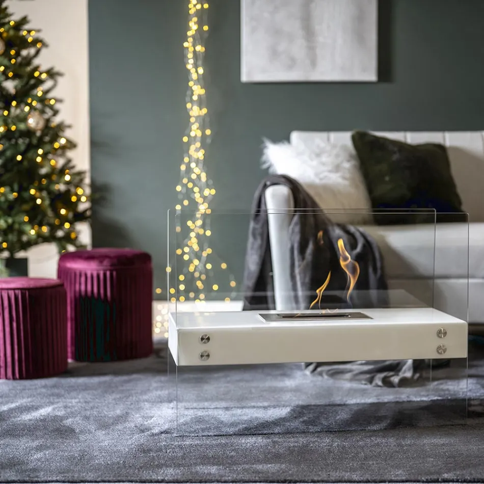 Semineu de podea cu bioetanol din metal alb si sticla securizata - Timon Viadurini