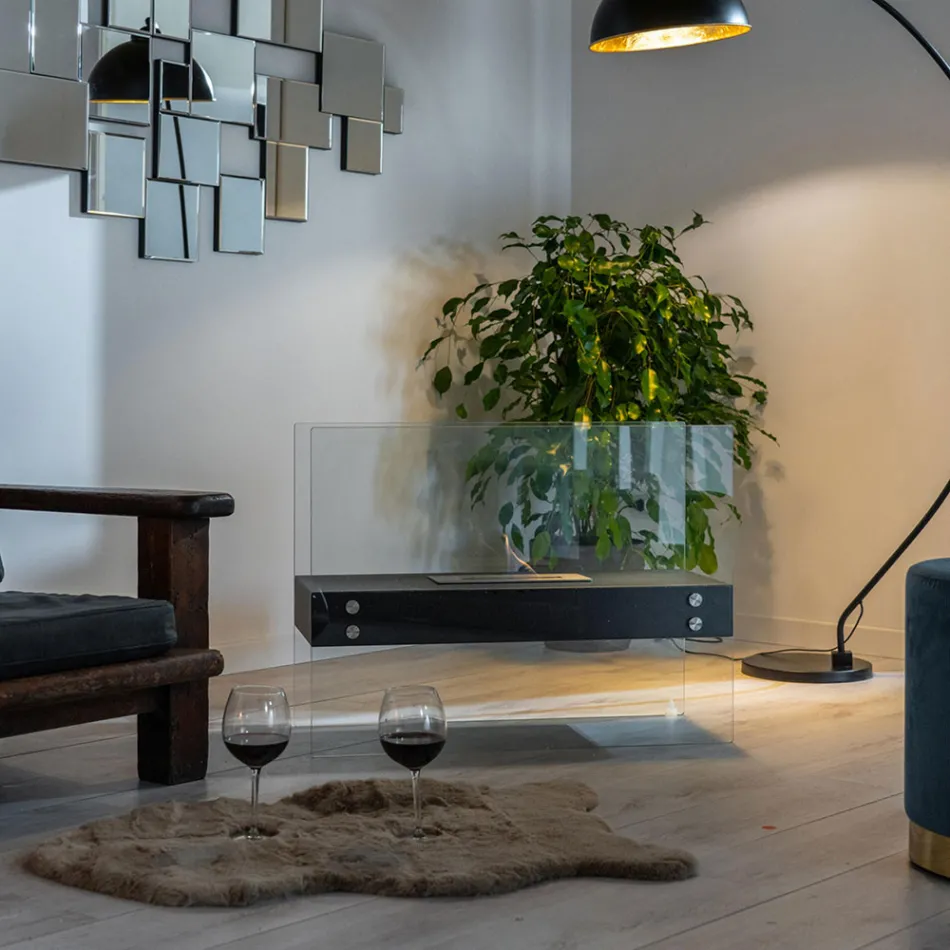 Semineu de podea cu bioetanol din metal negru si sticla securizata - Violante Viadurini