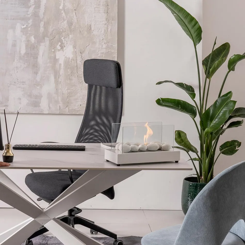 Semineu de masa cu bioetanol din sticla securizata si metal - argintiu Viadurini