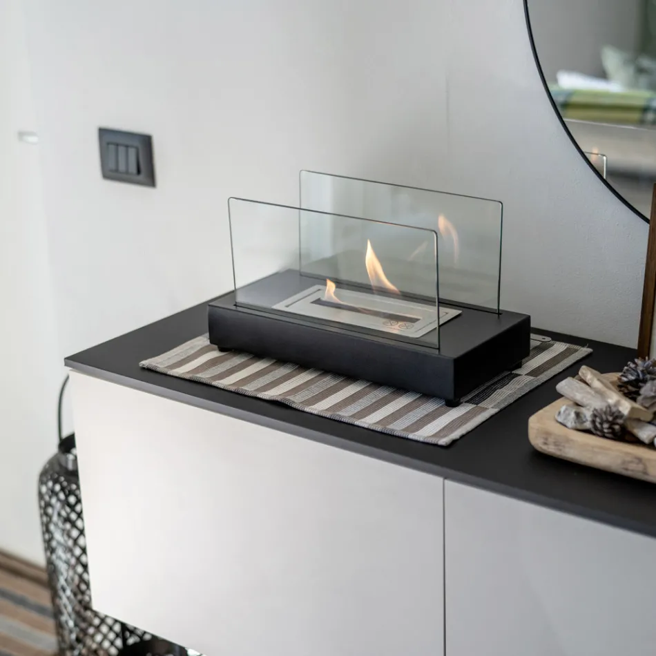 Semineu de masa cu bioetanol din sticla securizata si metal - argintiu Viadurini