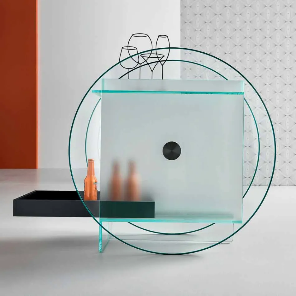 Cărucior de bar în sticlă extra-clară cu roți și tavă extractibilă - Pigolo Viadurini