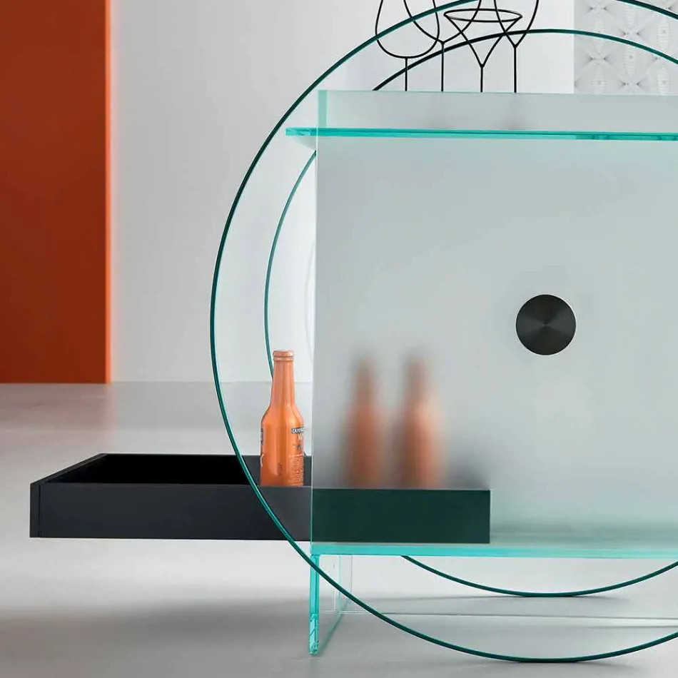 Cărucior de bar în sticlă extra-clară cu roți și tavă extractibilă - Pigolo Viadurini